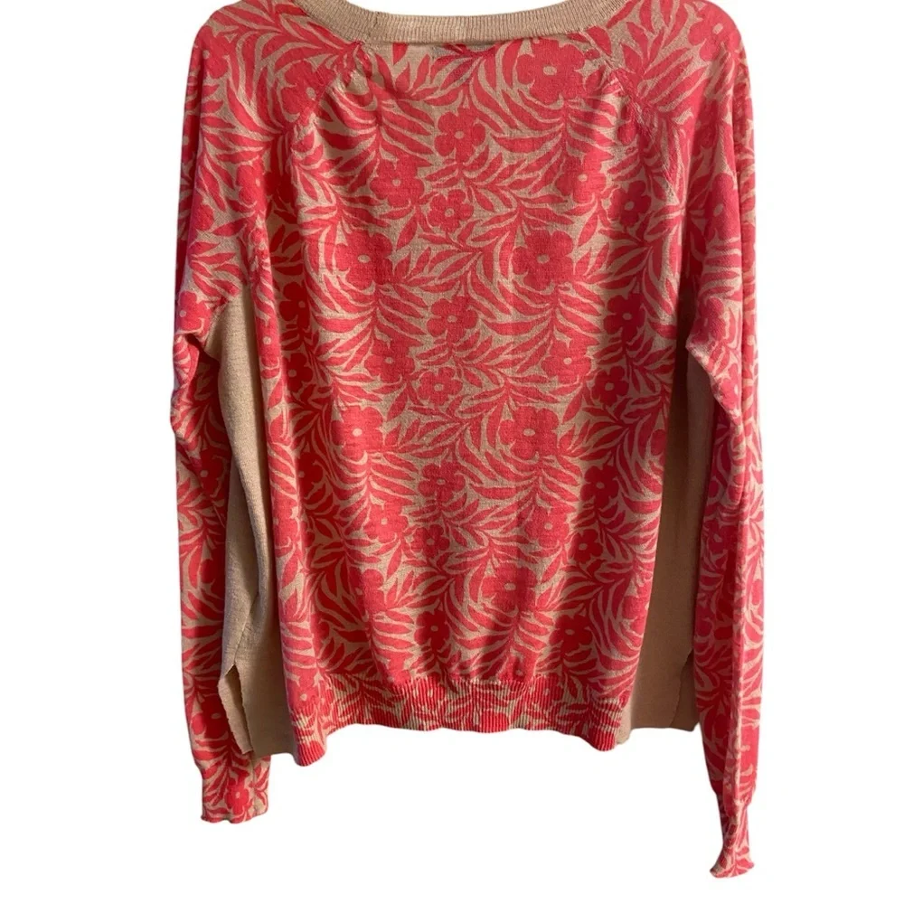J. Crew Coral Pink Floral Crewneck Sweater with Cream Contrast XL